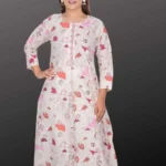 White Flex Cotton Floral Print A-Line Kurti with 2 Side Pocket