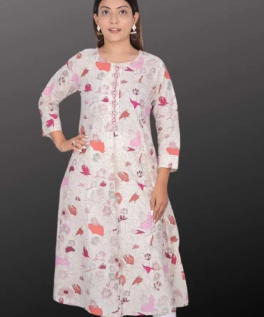 White Flex Cotton Floral Print A-Line Kurti with 2 Side Pocket